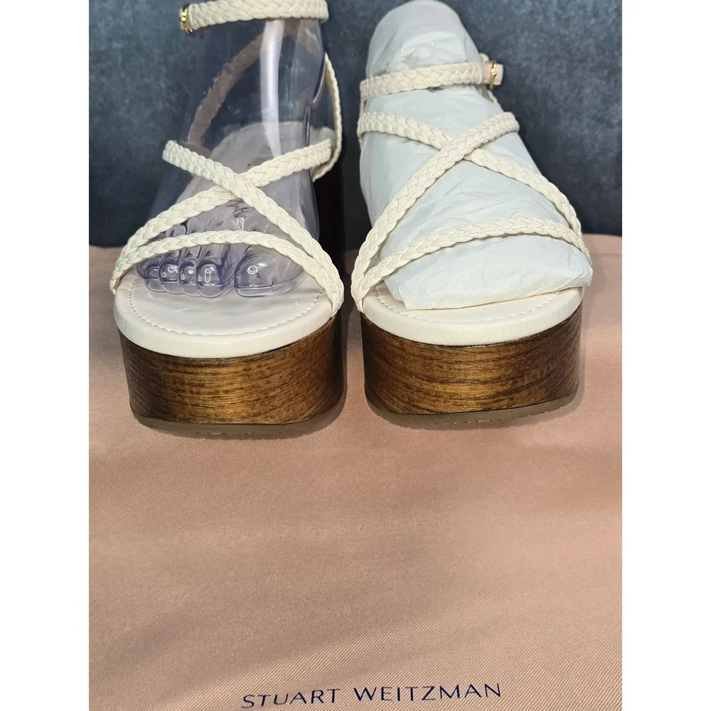 Stuart Weitzman Wovette Wedge Seashell Walnut Braided Strappy Women 8.5 B